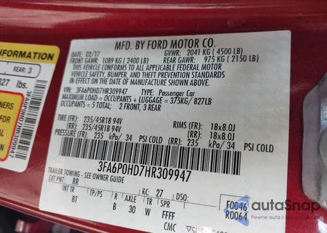 2017 Ford Fusion Se from USA, damaged, VIN 3FA6P0HD7HR309947